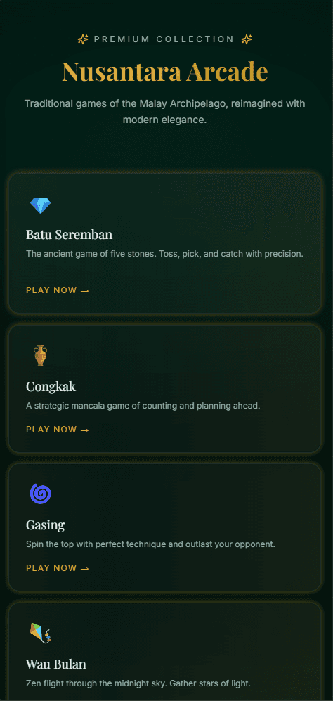 Nusantara Arcade - mobile application interface developed using Vite, Typescript, React, Tailwind CSS Front